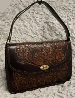 レトロ　レザークラフト　手彫り　フラワーカービング　ショルダーバッグ