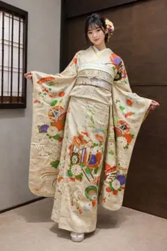 振袖フルセット6点サイズM〜Ｌ駒刺繍　寿光織り　御所車花鼓文　金彩　金糸　正絹