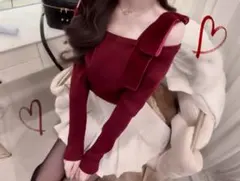 ベロアリボンオフショルダーリブニットトップス