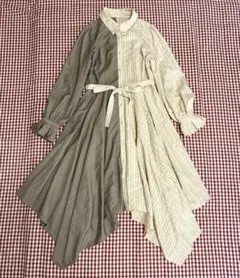 美品　axes femmeアクシーズイレヘムシャツワンピースブラウン/ストライプ