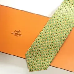 未使用級 エルメス HERMES ネクタイ シルク グリーン クローバー柄
