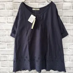 未使用タグ付 ☆shuca グローバルワーク スカラップ刺繍カットソー 紺 Lのサムネイル