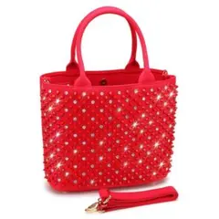 ラインストーン　×　スタッズバッグ　Мレッド（レオパード・白も有り）