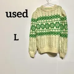 ノルディック柄 ニットセーター アイボリー×グリーン L相当 クルーネック