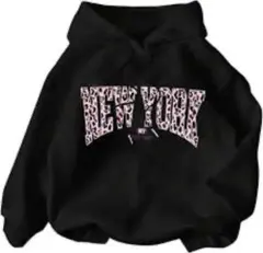 【shein】NEW YORK ロゴ パーカー ヒョウ柄ピンクM　Y2Kブラック