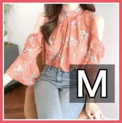 【M】小花柄 フリル 肩あき シフォン シアー ブラウス 大人 きれいめ 韓国