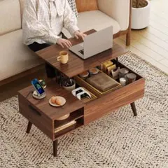 茶色ガスリフト昇降コーヒーテーブル 開閉式大容量収納付き リビング用