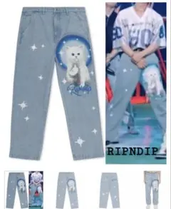 人気】RIPNDIP 猫ペイントデニムパンツStrayKidsリノ着用