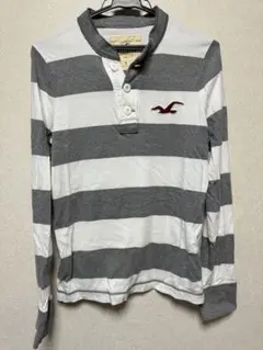 HOLLISTER 長袖ポロシャツ S グレーと白のストライプ