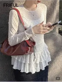 ポルカドットプリント ロング袖 フリルヘム ブラウス レディース 夏秋トップス