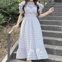 【evelyn】【タグ付き新品】フリル襟ロングop ワンピース ブルー 青 evelyn】【タグ付き新品】フリル襟ロングop ワンピース ブルー 青