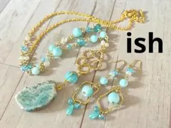 【A016】ishラリマー・アクアマリン原石トップネックレス＆ピアス