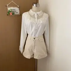 レディースショートパンツ　量産型　女子　コーディロイ　アイボリー　Sサイズ