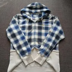 00s OldUNIQLOジップパーカーダブルジップネイビーチェックY2K短丈