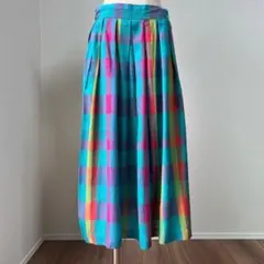 リネン混 マルチカラー チェック柄 フレア ロングスカート 輸入古着 Y92