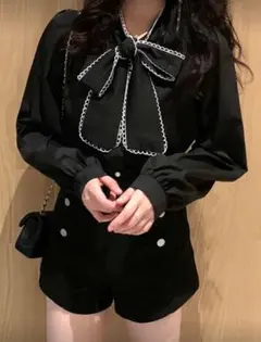 【未使用】リボン付き黒長袖ブラウス SHEIN