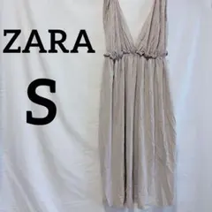 ZARA【S】ザラ Vネック ギャザー ノースリーブロングワンピース ベージュ