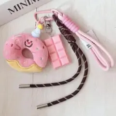じゃらじゃらキーホルダー ストラップ ロープ ドーナツ チョコ ピンク 韓国
