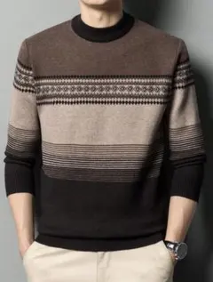 幾何学模様 ウール混紡セーター ブラウン系