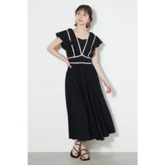 GWセール rienda トリミングテープギャザーフレアワンピース S