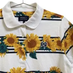 パーリーゲイツ ひまわり 花柄 ボーダー 半袖 ゴルフウェア ポロシャツ 白 M