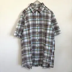 【ユニクロ】UNIQLO リネンコットンチェックシャツ　半袖　メンズ　L 麻混
