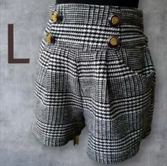 L 白 黒 千鳥柄 金ボタン ハイウエスト ショートパンツ 平成 ギャル y2k