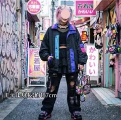 90s レトロ ナイロンジャケット クレイジーパターン L 黒 マルチカラー