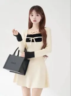 DARICHI リボンファーフレアニットミニワンピース