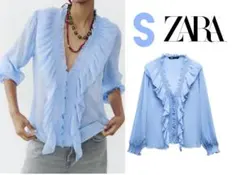 新品 ZARA Ｖネック フリル シアーブラウス S 完売品　1点限り♪