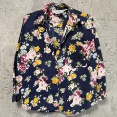 70s風 ヒッピーシャツ 花柄 ネイビー フローラル 長袖 ヴィンテージ 古着