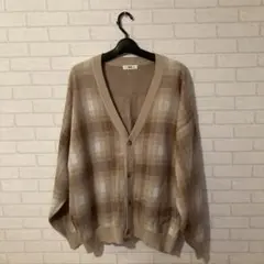 wego ベージュ チェック柄 ニットカーディガン