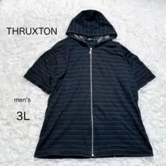 【スラクストン】半袖フードジップパーカー【3L】黒 ストライプ 大きい