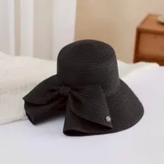 麦わら帽子　ブラック　ストローハット　上品　折りたたみ可　リボン付き