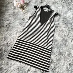 【MKミッシェルクラン】深Vネック ボーダー柄チュニックワンピ M 黒 白 上品