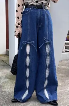 【HELLO.SANFRANCISCO】レースカットアウトワイドデニムパンツ　M