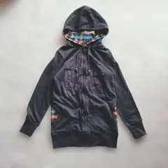 【スリーアップ】パーカー フード付 L ダークグレー チュニック丈 プリント柄