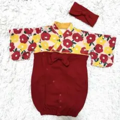 【値下げ】和風 袴 2wayオール 赤 花柄 椿 ヘアバンド セット