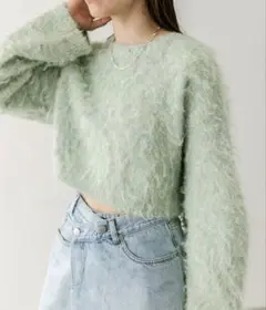 ウールシャギーショートニット　グリーン