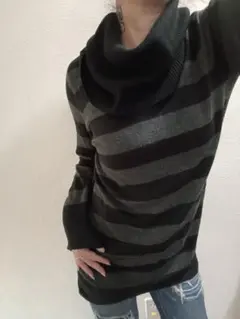 ビッグタートルネック ストライプ ロングニットセーター Mサイズ