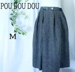 プードゥドゥ　ロングスカート　フレア　チェック　ゴム　花柄　グレー　刺繍　M