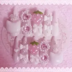♥現品♥ 量産型 地雷 ネイルチップ 平成女児 いちご 猫 リボン スカルプ