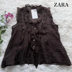 ZARA フリル付き セミシースルートップス ブラウン タグ付き 2025SS