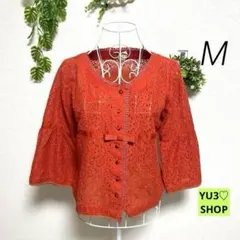 サンクドゥサンク・五分袖カーディガン ジャケット風 オレンジ M レース編み