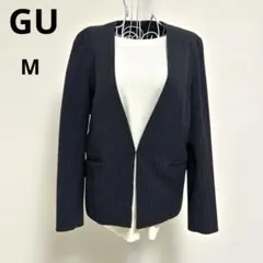 GU ジーユー ウォッシャブルノーカラージャケット　ネイビー紺　ストライプ　M