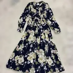 AMERIアメリ花柄ロングワンピース長袖シフォンAラインネイビーシャツフリー