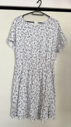 H&M 花柄 ミニワンピース M 白 青 ウエストゴム 半袖