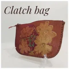 【ヴィンテージ】レザー 革 クラッチバッグ ポーチ 財布 花 赤 レッド