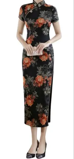 チャイナドレス 花柄 黒 100%ポリエステル