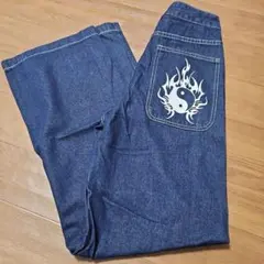 陰陽マーク ダークブルーワイドデニムパンツ